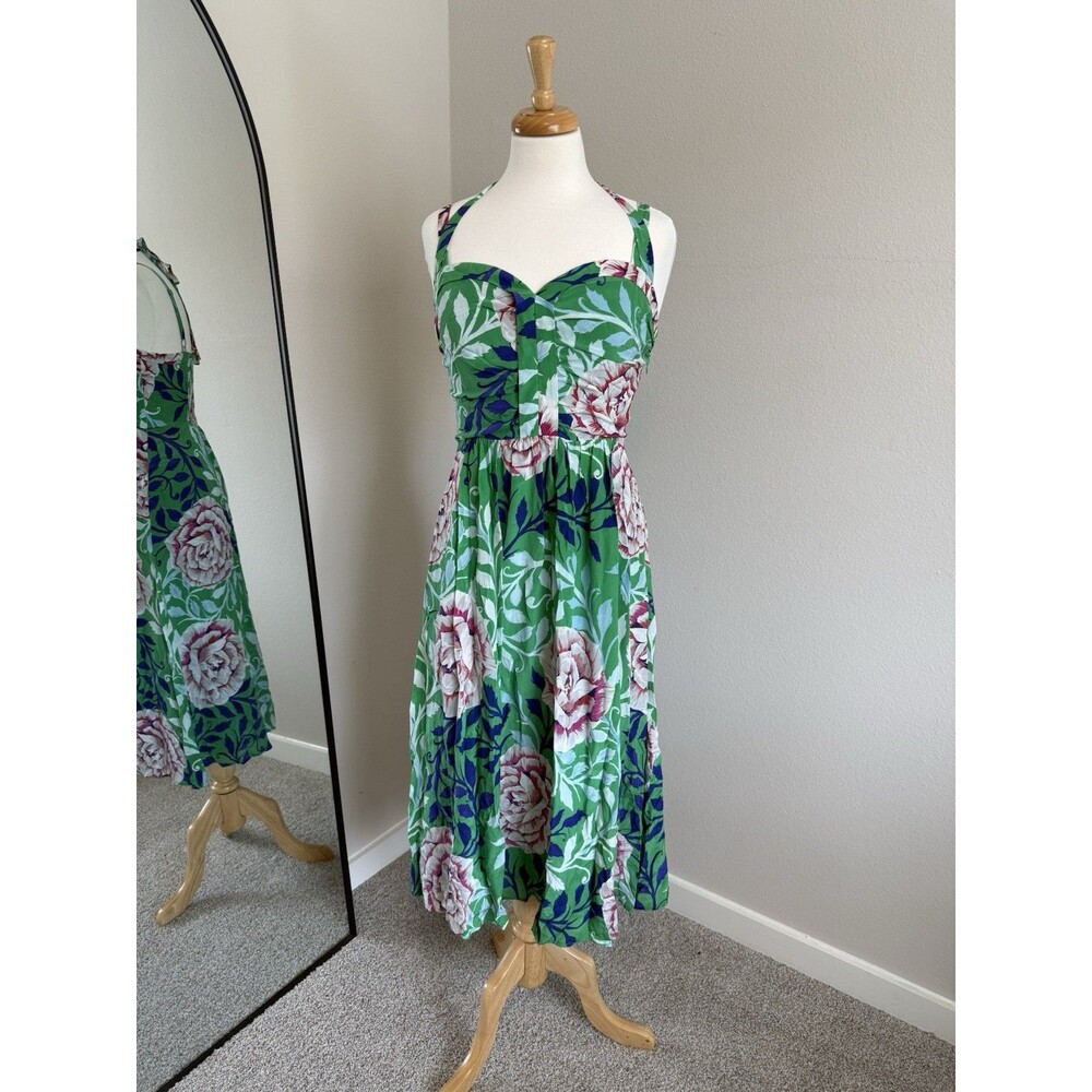 Anthro Moulinette Soeurs 100% Silk Floral Halter Dress Green Midi Size 10